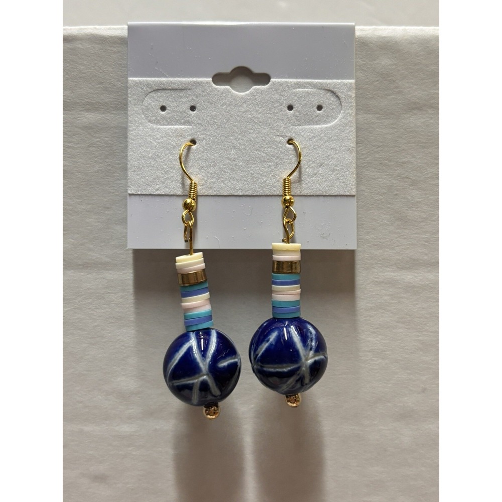 EARRINGS BLUE AND WHITE ENAMEL GOLD DROP DANGLE gold tone pierced